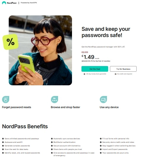 Szolgáltatások listája a NordPass webáruház főoldalán