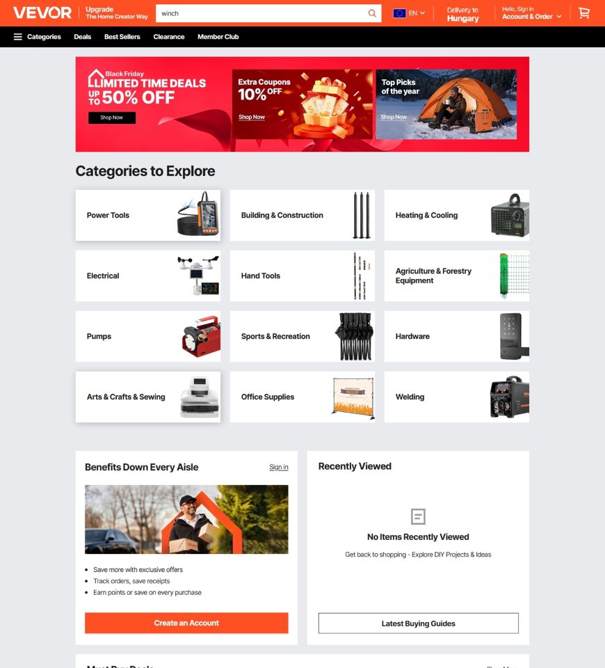 Termékek a Vevor webáruház főoldalán