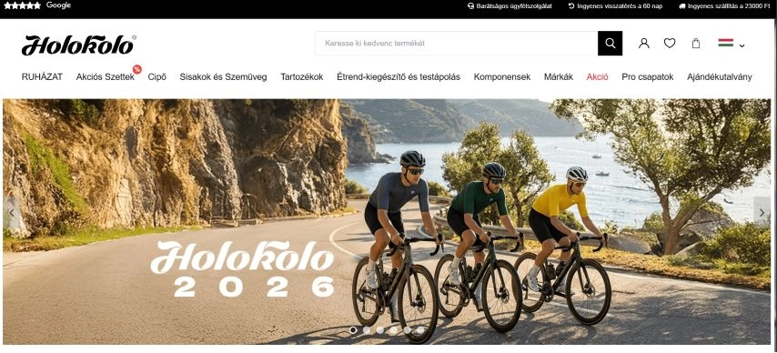 A webáruház főoldala, a banneron három férfi kerékpározik