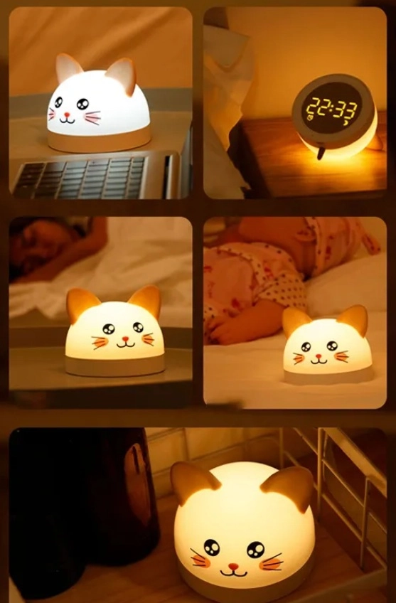 Macskás éjjeli lámpa és óra egyben