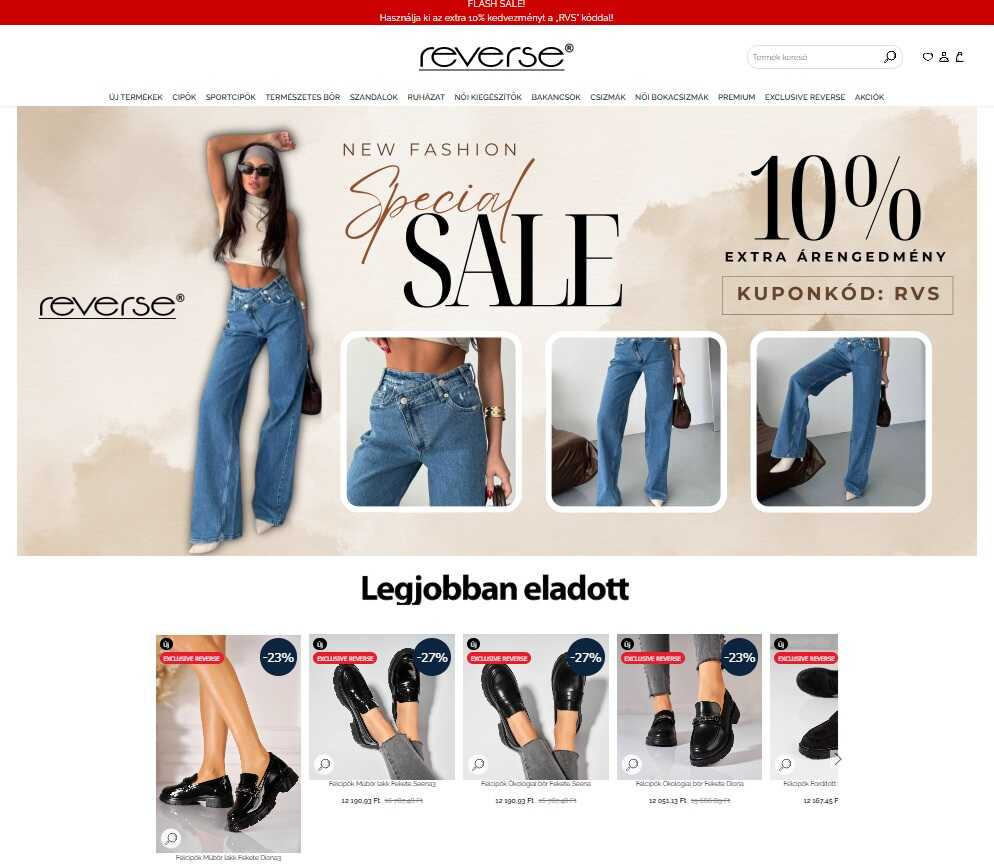 A Reversee webáruház főoldala