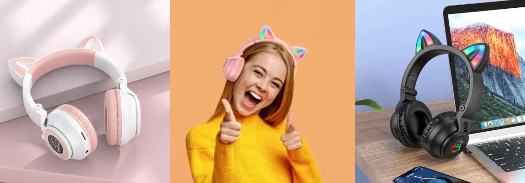 Macskafüles fejhallgatót reklámozó banner, amely közepén egy nő visel ilyen fejhallgatót