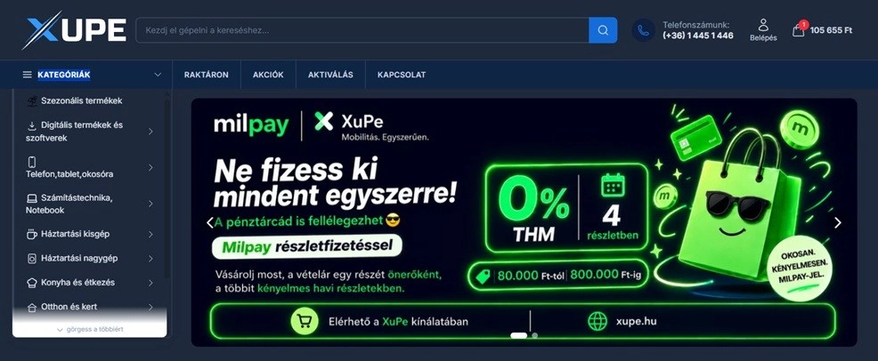 A webáruház főoldala