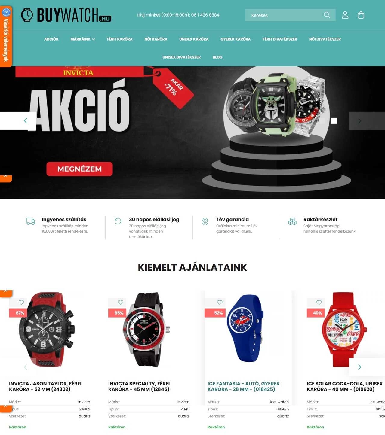 Órák és bannerek a Buywatch webáruház főoldalán