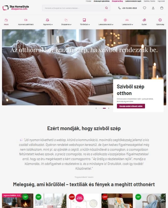 Termékek a Díszpárna webshop főoldalán