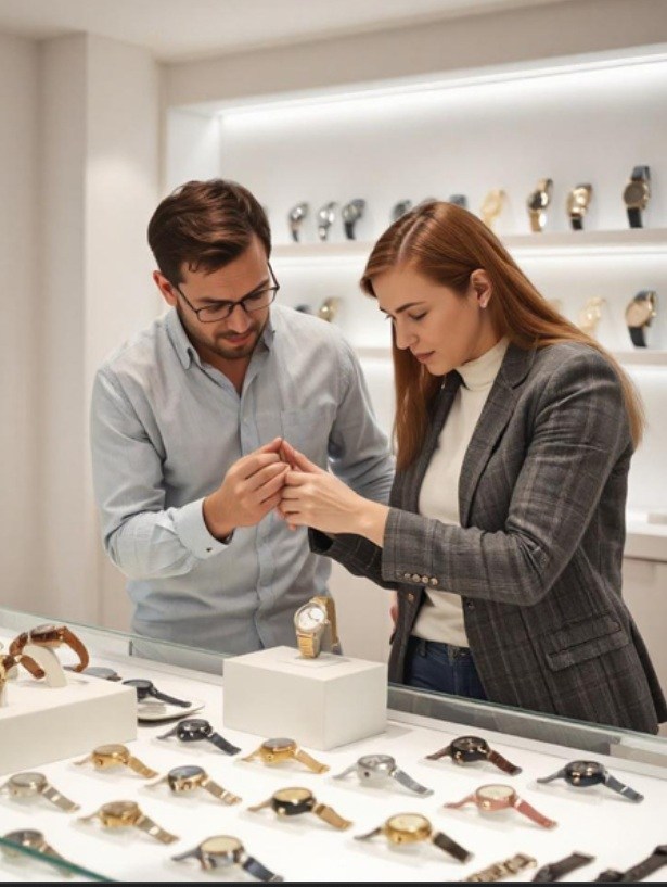 A nő és a férfi karórákat néznek