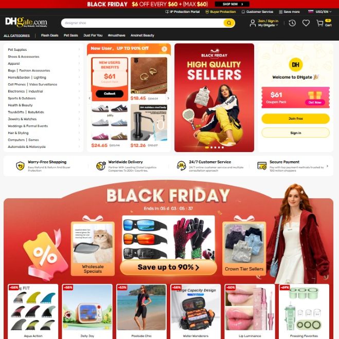 Reklámbannerok a DHgate webáruház főoldalán